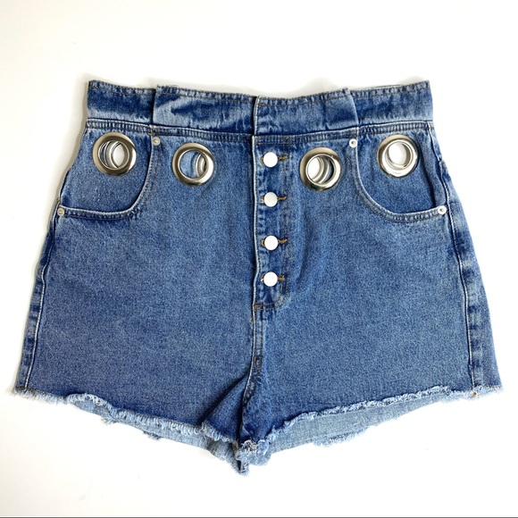 Kittenish Pants - Kittenish Denim Paperbag Button Fly Grommet Cut Off Raw Jean Shorts Size Large